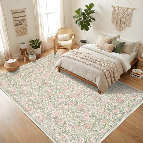 GarveeHome Pink Green Beige Floral 9x12 Area Rugs for Living Room Bedroom - Image 2
