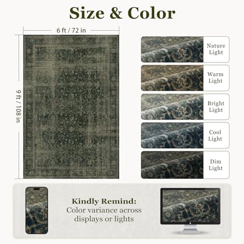 Area Rugs 6x9 Dark Green, Vintage Distressed Earth Tone Living Room Rug Washable Low Pile, Dark Moody Carpet Rug for Bedroom Dining Room Non Slip, Home Office Reading Nook - Image 2