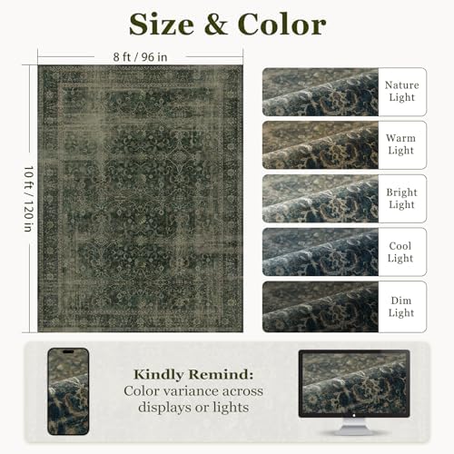 Dark Green 8x10 Rugs for Living Room, Vintage Distressed Large Rug for Bedroom Under Bed, Washable Non Slip Low Pile Moody Earth Tone Carpet Rugs for Dining Room Home Office - Image 2
