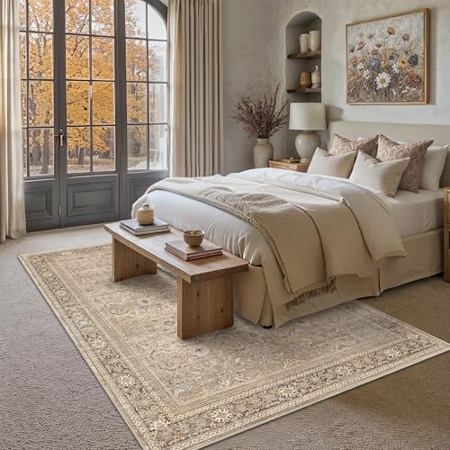 Schweek 5x7 Area Rugs for Living Room Khaki Washable Vintage Neutral Rugs - Image 3