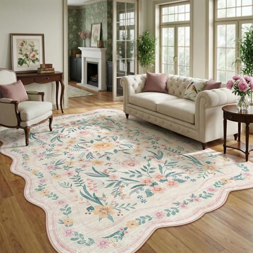 8x10 Scalloped Rug for Living Room, Pink Floral Rug for Girls Bedroom,Washable Rugs Soft Low Pile Non Slip Rugs for Nursery College Bedroom Decor Kids Room Playroom by Dadasgk