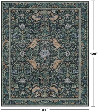 Blue Washable 7x9 Kitchen Rug for Floor, Boho Floral & Bird Pattern Living Room Area Rug, Low Pile Soft Farmhouse Bedroom Carpet, Cottagecore Home Décor, Non Slip & Stain Resistant - Image 2