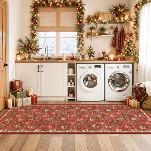 Christmas 3x8 Washable Kitchen Runner Rug, Red Non Slip Low Pile Rug - Image 5
