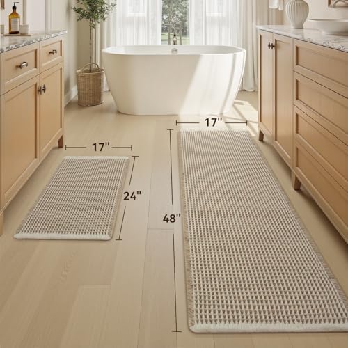 Upgraded Waffle Bath Mat Set of 2 Absorbent Bathroom Mat 17"x24" + 17"x48" - Image 2