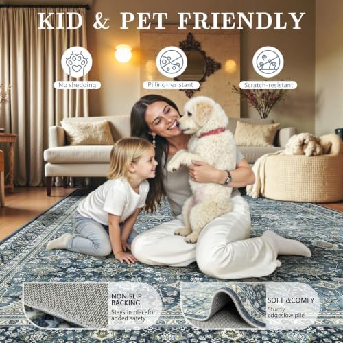 8x10 Area Rugs for Living Room - Washable Vintage Retro Large Rug, Soft Ultra Thin Non Slip Low Pile Traditional Distressed Boho Carpet for Bedroom Dining Room Home Office, Blue - Image 5