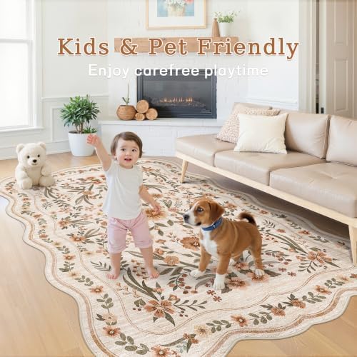 Scalloped Floral Rug 6x9, Beige Terracotta Washable Non Slip Area Rug for Girls Bedroom, Soft Low Pile Cottagecore Rug for Nursery, Dorm, Living Room - Image 3