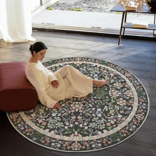 jinchan 7ft Washable Round Area Rug, Vintage Floral, Black - Image 6
