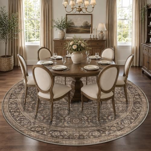 JOOJA 8x8 Dark Brown Vintage Low Pile Washable Boho Round Living Room Rug - Image 3