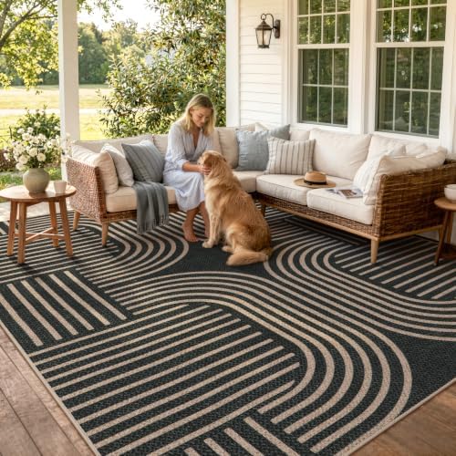 Lahome Modern Dining Room Rug, Black Geometric Indoor Outdoor Rug 8x10 by Lahome