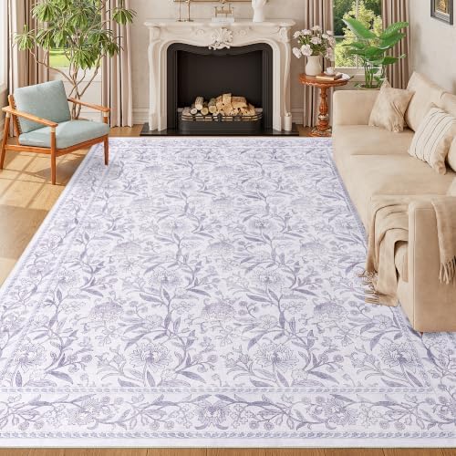 DUKINO 9x12 Area Rug for Living Room, Vintage Floral Washable Rug, Purple by DUKINO