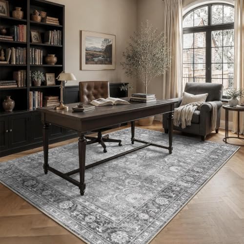 JOOJA 6x9 Grey Vintage Boho Washable Area Rug, Soft Low Pile Floor Carpet by JOOJA