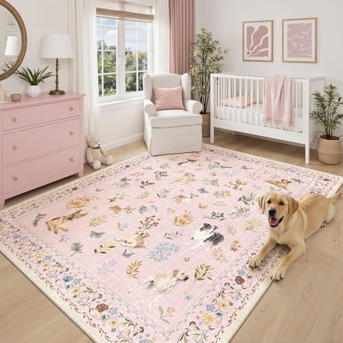 Soalmost Dog 5x7 Pink Area Rugs for Baby Girl Nursery, Washable Soft Rug by Soalmost