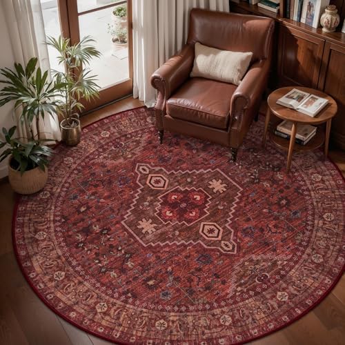 Tangsoo Red Large Round Area Rugs 8ft, Boho Washable Non Slip Circle Rug - Image 2