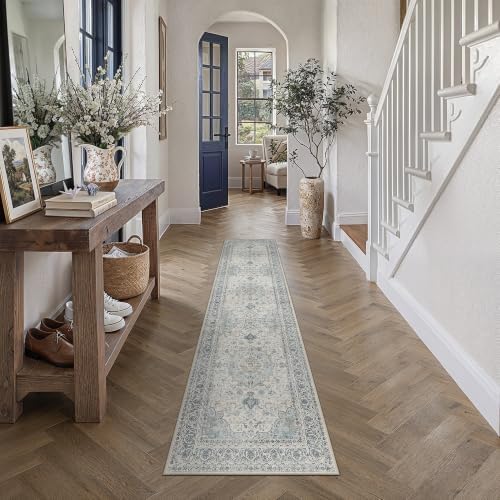 2x8 Washable Runner Rug Navy Blue Non Slip Vintage Carpet by WondRg
