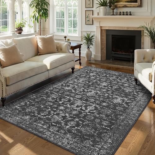 6x9 Washable Bedroom Area Rug Non-Slip Vintage Black Large Carpet by HOME
