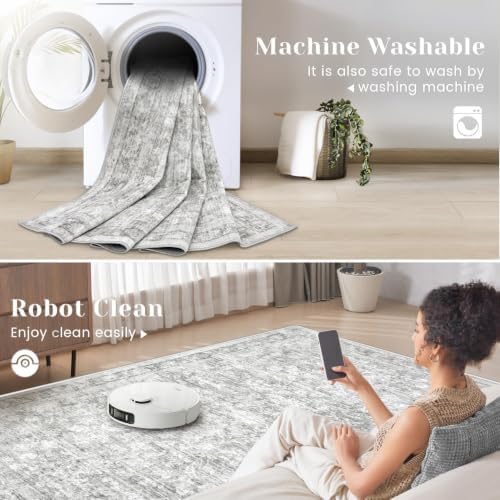 6x9 Area Rugs for Living Room: Washable Vintage Floral Rug Low Pile Non-Slip Boho Carpet for Bedroom Nursery Dining Room (Grey, 6'x9') - Image 2