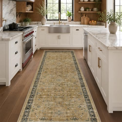 Washable Long Runners for Hallways, 3x8 Rustic Brown and Charcoal Olive Kitchen Runner Rug, Bohemian Traditional Entryway Indoor Rug, Non-Slip Stain & Fade Resistant - Image 3