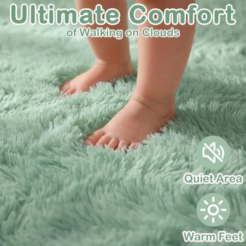 Sage Green Runner Rugs for Kids Bedroom Living Room Plush Fluffy Rug 2x6 Ft - Image 3