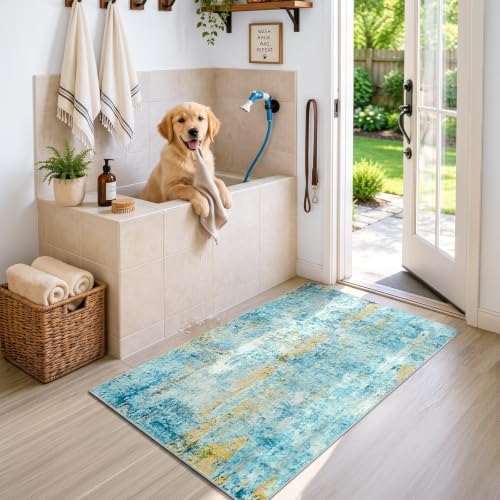 Entrance Rugs Indoor 2x4 Teal Blue Entry Rug Washable Abstract Black Small Area Rug Non-Slip Low Pile Throw Rugs for Entryway, Kitchen Floor, Front Door Indoor Door Mat, Bathroom, Bedroom Bedside - Image 3