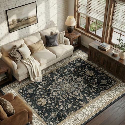 RELEANY Washable Area Rug, 6'x8', Black/Vintage/Beige by RELEANY
