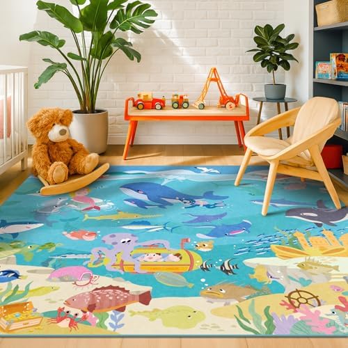 Blue Ocean Themed Rug for Kids Room – 5x8 Underwater Area Rug with Sea Creatures & Mermaid, Washable Non Slip Crawling Carpet for Bedroom or Playroom - Image 5