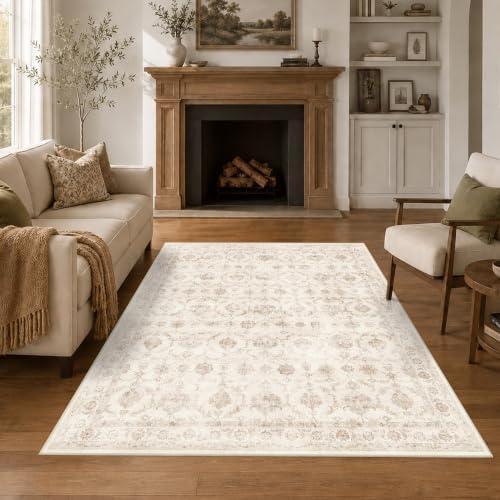 Washable 5x7 Bedroom Area Rug Non-Slip Traditional Beige Throw Carpet - Image 2