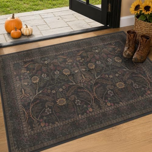 Dark Brown 2x3 Washable Entry Rug, Throw Small Rugs for Entryway Kitchen Bathroom Indoor Door Mat, Farmhouse Floral & Botanical Door Mats, Low Pile Soft Stain Resistant Carpet by Evyhood