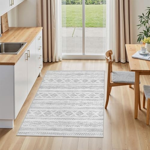 Tortania Area Rug Living Room Rugs - 3x5 Washable Soft Neutral Boho Moroccan Farmhouse Mat Indoor Floor Carpet for Bedroom Under Dining Table Home Office Decor - Ivory Gray - Image 3
