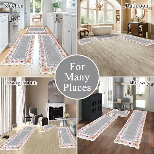 Vaukki Boho Kitchen Rug Sets of 3,Flower Grey Washable Kitchen Floor Mat - Image 6