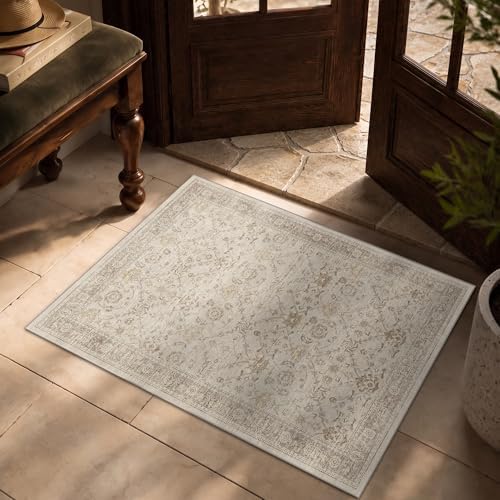 2x3 Washable Boho Entryway Area Rug Beige Non-Slip Front Door Mat by LULLOSA