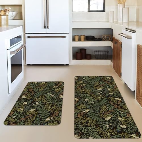 Vintage Black and Green Botanical Kitchen Rugs Sets of 2 Non Slip Washable, Fern and Leaves Kitchen Mats for Floor 2 Piece Home Decor - Image 2