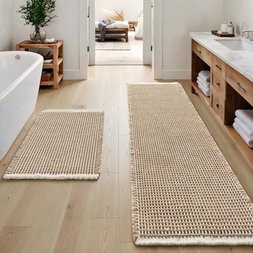 MIULEE Set of 2 Waffle Bathroom Rugs Brown&White Bath Mat 17"x24"+20"x47" by MIULEE