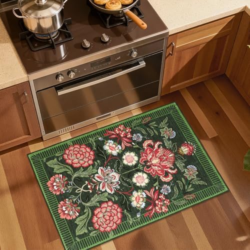 GarveeHome Forest Green Floral 2x3 Door Mat Indoor Rugs for Entryway Small Vintage Boho Cottage Washable Non-Slip Low-Pile Rug for Bedroom Kitchen Bathroom Entrance - Image 4