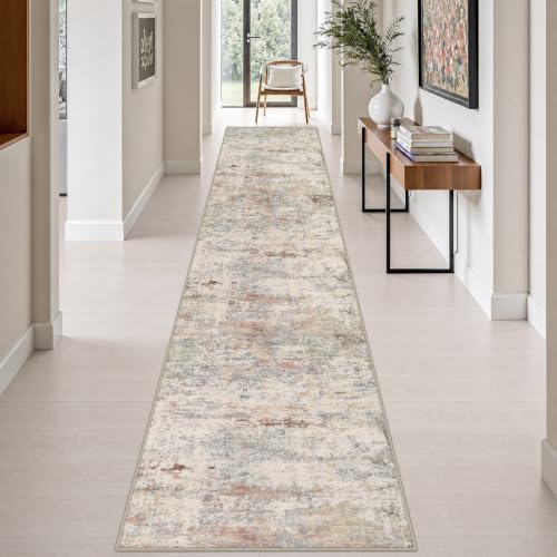 2.6x14 Washable Runner Rug:Modern Abstract Indoor Soft Carpet Taupe by FXRHLP