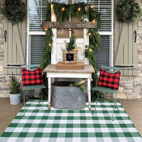 Green & White Christmas Plaid Rug, 4' x 6' Check Indoor/Outdoor Area Rug, Hello/Welcome Door Mat Layering Rug, Machine Washable Cotton Woven Rugs for Farmhouse Front Porch, Entryway - Image 4