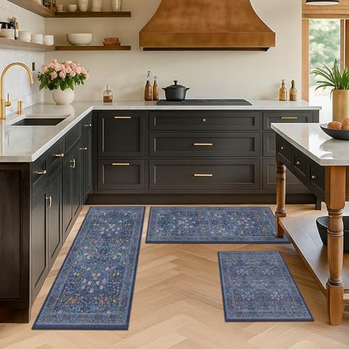 JTJ Kitchen Rugs Set of 3, Blue Vintage Kitchen Mats, Washable Runner - Image 3