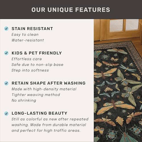 Black Boho 5ft Round Throw Rugs for Living Room - Dark Unique Insect Print Large Entryway Rug, Low Pile & Soft Carpet for Bedroom Beside Bed, Kids Playroom, Non Slip Stain Resistant Home Décor - Image 6