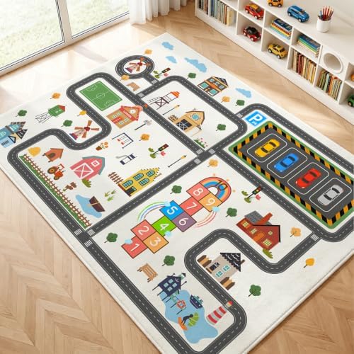 5'x7' Kids Car Play Rug, Kids Road Playmat Rug for Toy Cars, Educational Town City Map Washable Carpet for Boy Playroom Bedroom, Safer Car Track Play Mat for Children - Non Slip, 60"x84" - Image 5