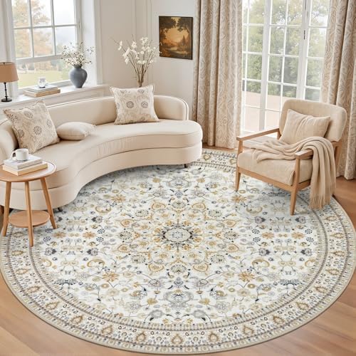 Round Area Rug for Living Room: 6ft Washable Rug for Bedroom Beige by EXPEDIX