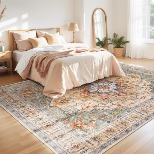 Area Rug 9x12 Vintage Rug: Large Washable Indoor Medallion Rugs Low Pile Distressed Floor Carpet Retro Accent Rug for Living Room Bedroom Kitchen Dining Table Home Office(Green/Yellow, 9'x12') - Image 4