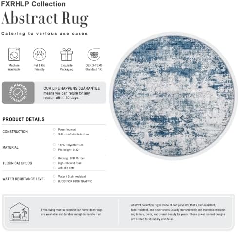 Round Area Rug Living Room: 5 ft Modern Washable Carpet Blue - Image 2