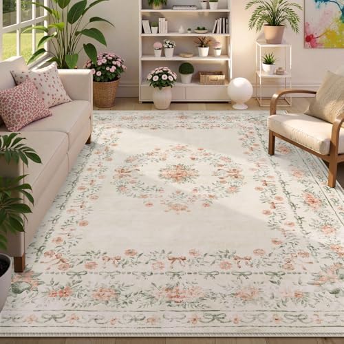 Wonnitar Floral Bow Print Washable 8x10 Rug, Beige Rugs for Living Room, Boho Non Slip Ultra-Thin Soft Neutral Carpet for Nursey Kids Room Dorm Living Room, Beige by Wonnitar