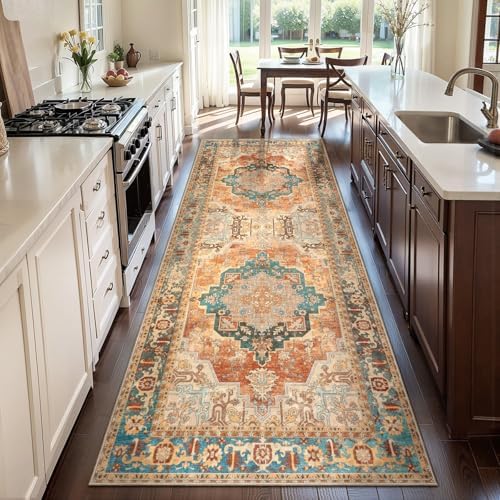Orange 2x6 Washable Runner Rug for Hallways, Vintage Non Slip Rug Runners - Image 2