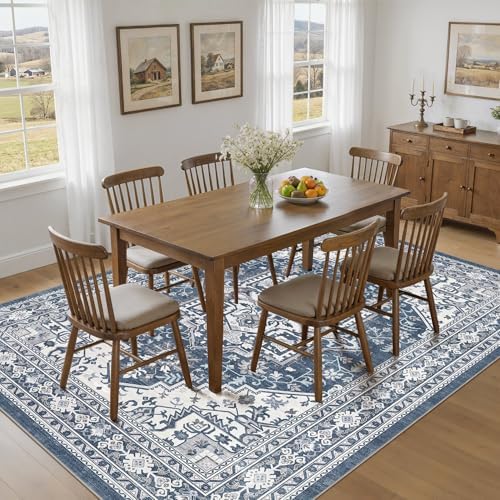 UERMEI 10x14 Area Rug for Living Room - Washable Vintage Carpet, Non-Slip Soft Large Indoor Floor Rugs for Bedroom Home Office & Under Dining Table Decor, Denim Blue/White - Image 4
