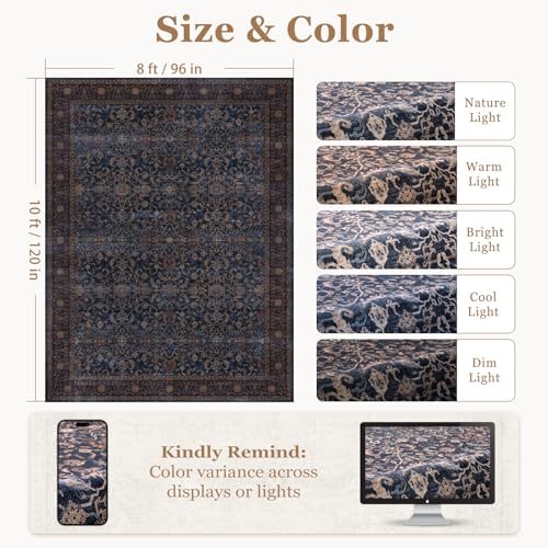Washable Area Rug 8x10 for Living Room, Vintage Old Money, Dark Blue - Image 2