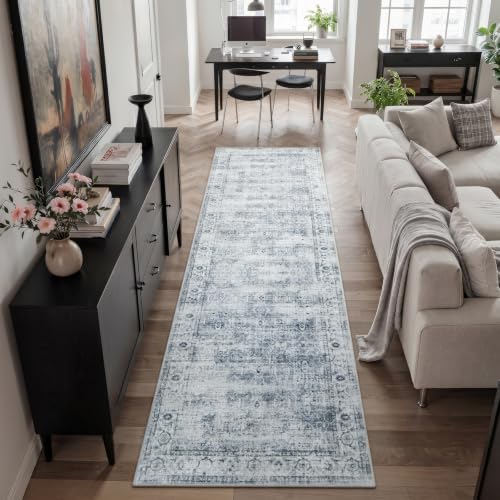 Morebes Vintage Hallway Runner Rug 2.5x8, Modern Kitchen Rugs Non Slip Washable, Soft Low-Profile Distressed Entryway Carpet Runner for Hallways Laundry Room Bathroom Foyer Indoor Floor, Blue-Gray - Image 4