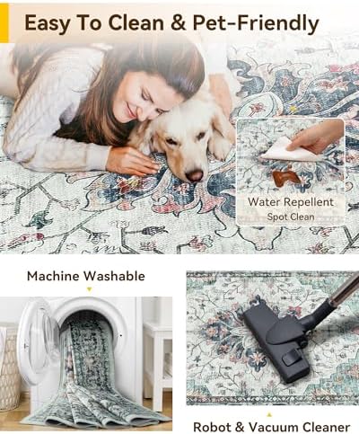 RELEANY Washable Area Rug, Runner 3'x20', Teal Green/White/Navy - Image 4