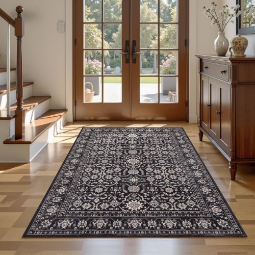 RCTJHOME 4x6 Black Floral Gothic Washable Area Rug Non-Slip Soft Carpet by RCTJHOME