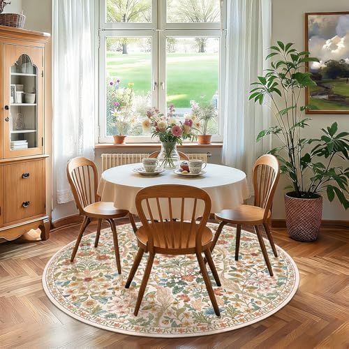 Round Rug 5ft Floral Circle Rug Beige Botanical Indoor Area Rugs - Image 3