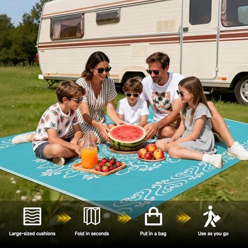 Pauwer Outdoor Rug 5x8, Waterproof Plastic Straw Camping Rug, Floral Teal - Image 5
